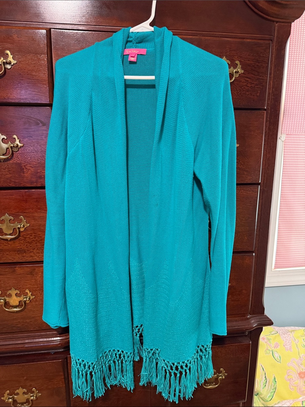 Lilly Pulitzer Teal Fringe Open-Front Cardigan